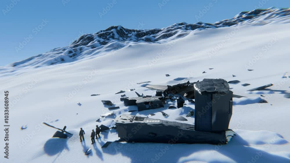 3D Animation of a wrecked plane crash in the snowy mountains of Antarctica