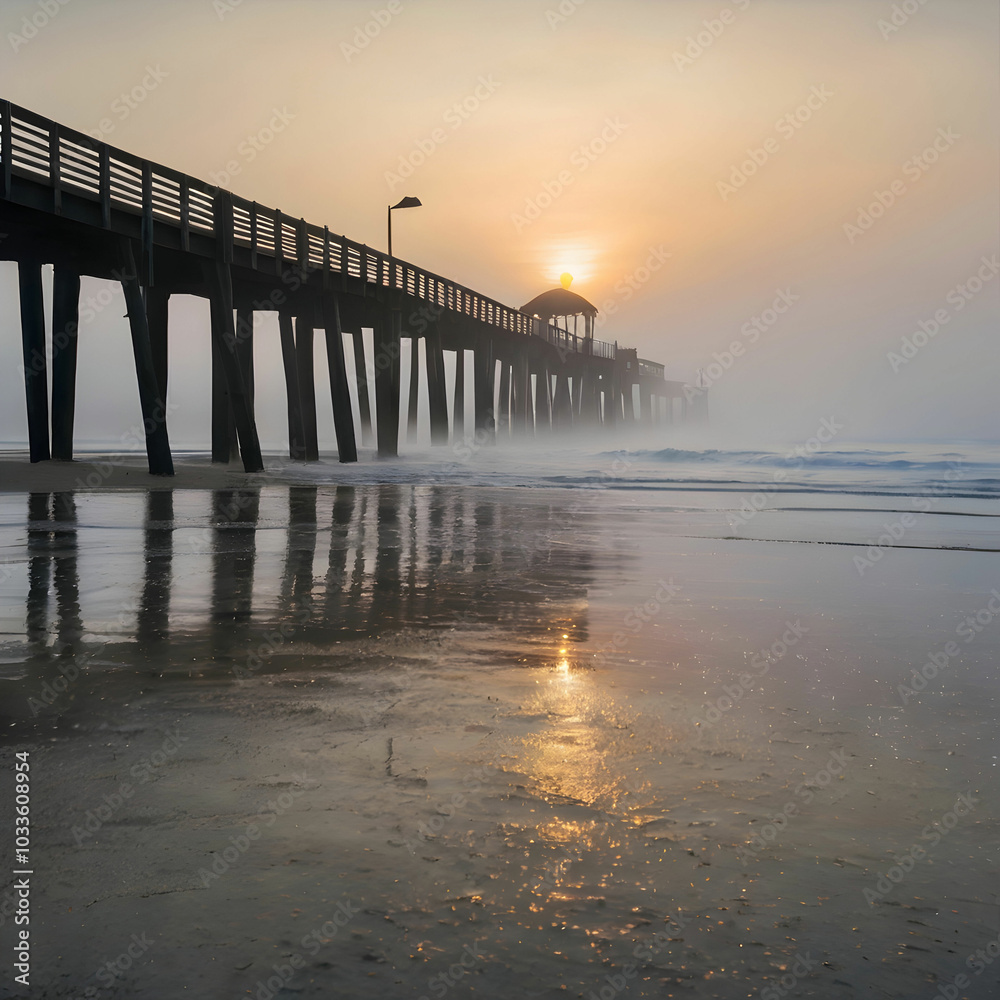 Fototapeta premium Beach Enveloped in Fog Where the Ocean Whispers Secrets to the Dawn Capturing Ethereal Beauty in Soft