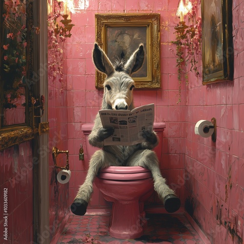 Donkey sitting on a pink toilet, reading a newspaper in a bathroom