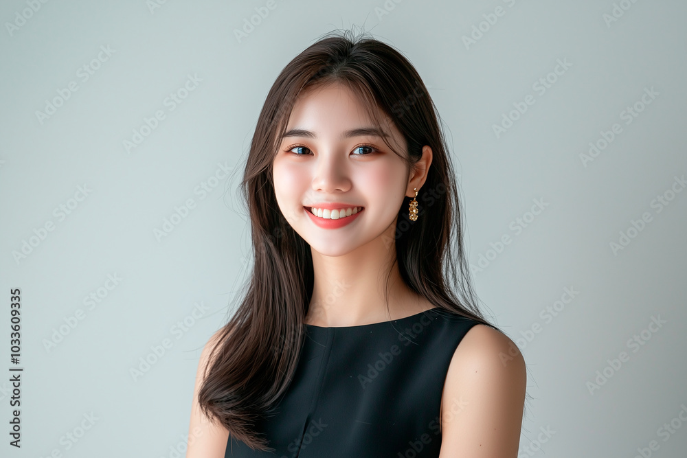 a young Asian woman with a friendly smile, wearing a black sleeveless top and gold earrings. Her long hair is styled naturally, contributing to her confident and approachable demeanor. The background a young Asian woman with a friendly smile, wearing a black sleeveless top and gold earrings. Her long hair is styled naturally, contributing to her confident and approachable demeanor. The background