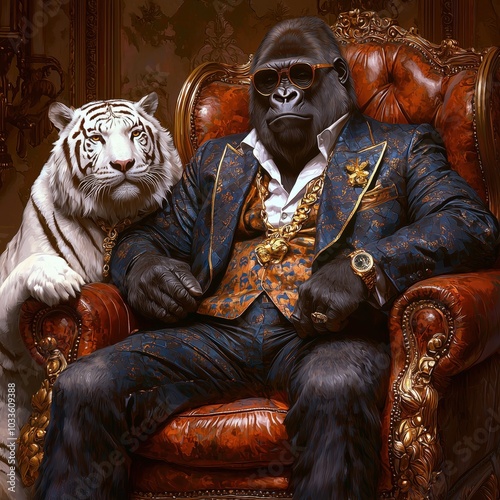 Gorilla sitting in a luxurious leather armchair, wearing stylish suit, trousers, and glasses. White tiger as pet, modern digital art.