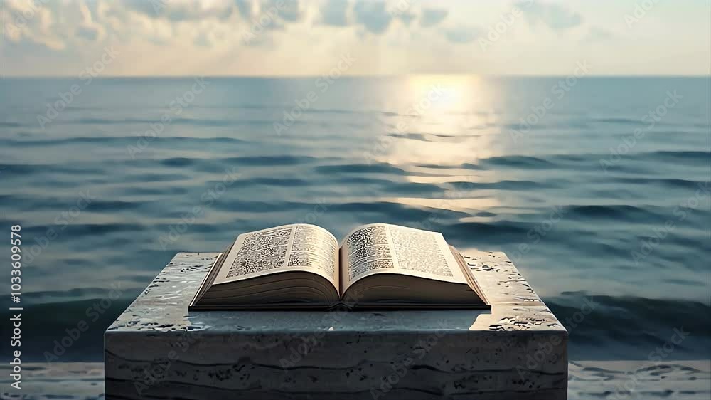 An open bible book rests on a stone table by the tranquil ocean at sunrise with soft waves glistening in the morning light