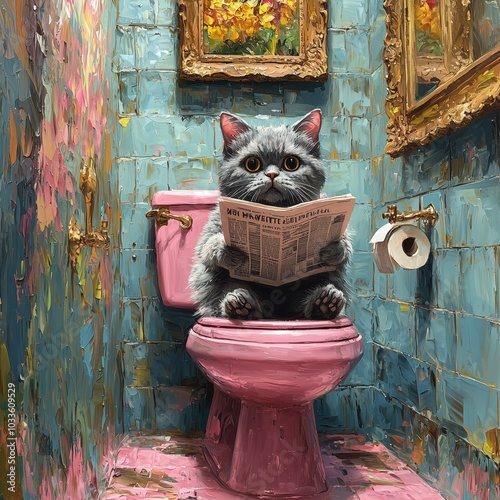 Cat sitting on a pink toilet, reading a newspaper in a bathroom