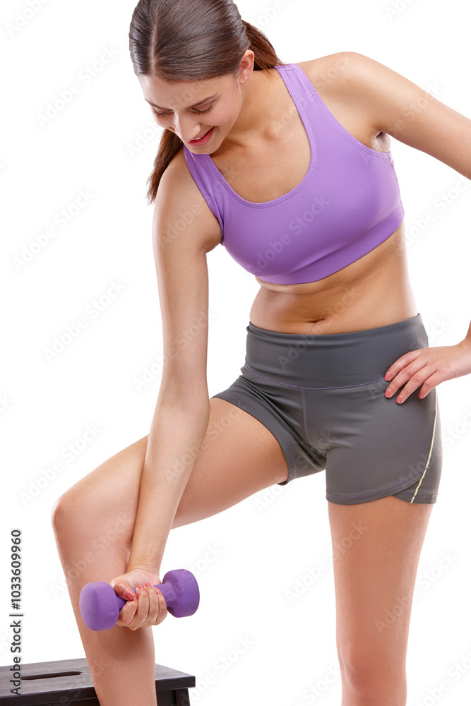 Studio, wellness and woman with dumbbell for fitness, exercise and challenge with smile for workout. Female person, happy and train with weightlifting for muscle strength, power and white background Studio, wellness and woman with dumbbell for fitness, exercise and challenge with smile for workout. Female person, happy and train with weightlifting for muscle strength, power and white background