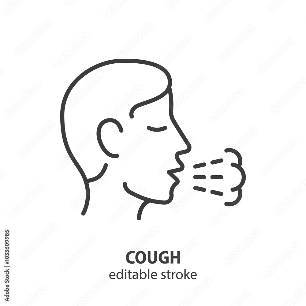 Cough line icon. Symptom of asthma, cold, allergy, pneumonia. Editable stroke. Vector illustration. Cough line icon. Symptom of asthma, cold, allergy, pneumonia. Editable stroke. Vector illustration.