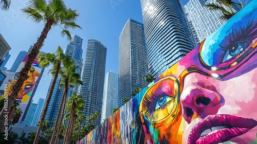 Vintage cityscape with towering skyscrapers under a vibrant blue sky, retro street art splashes vibrant colors on brick walls, evoking 1970s urban energy photo