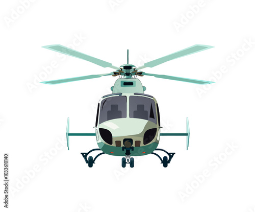 A front view of a helicopter with rotors spinning, designed for aerial transportation, rescue missions, or surveillance. The sleek, modern design emphasizes utility and efficiency in flight.