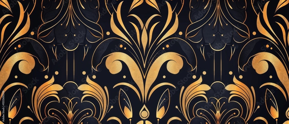 Luxurious seamless pattern: golden floral motifs on black background evoke opulence and sophistication with stylized details and highlighted areas. Luxurious seamless pattern: golden floral motifs on black background evoke opulence and sophistication with stylized details and highlighted areas.