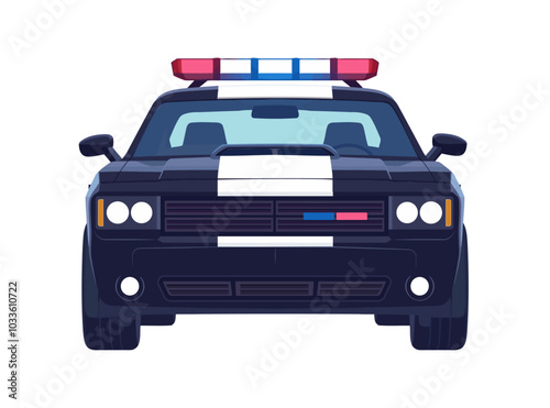 A front-view illustration of a black and white police car with flashing lights, representing law enforcement, security, and authority