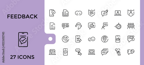 set of line icons related to feedback. containing suggestions, message, rating, mail, good and more. outline icons collection. Editable stroke. pixel perfect icon pack.