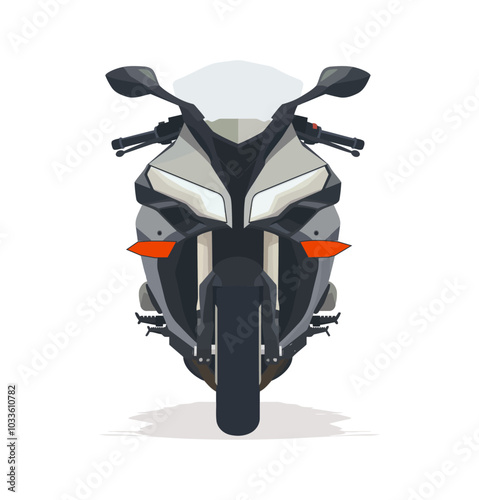 A front-view illustration of a powerful sports motorcycle with a sleek and aerodynamic design, ideal for themes related to speed, adventure, and motor sports