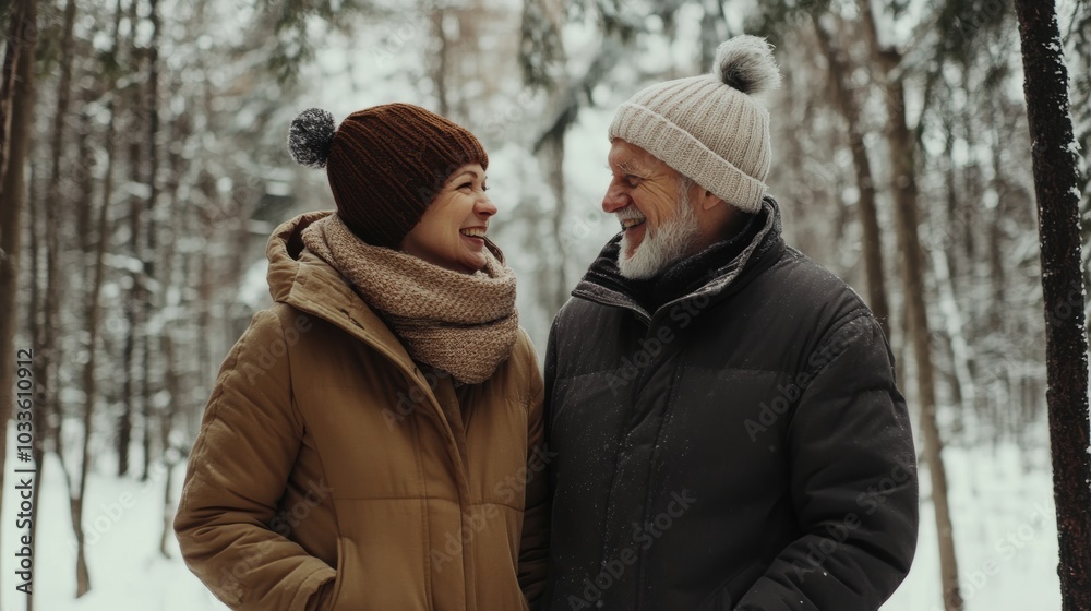 Joyful couple enjoying winter stroll in a snowy forest Joyful couple enjoying winter stroll in a snowy forest