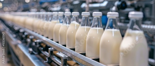 Image of a dairy factory shows automated milk bottle production with uniformity and efficiency. Bottles on a conveyor belt create a sense of mass production.