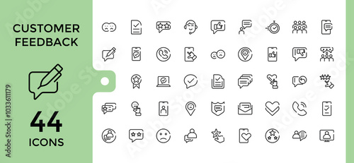 Customer feedback line icons set. containing suggestions, message, rating, mail, good and more. outline icons collection. Editable stroke. pixel perfect icon pack.