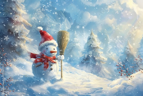 Envision a picturesque winter wonderland adorned with a snowman and snowcloaked pine trees, composing a charming and festive setting filled with glistening snowflakes and tranquil calmness photo