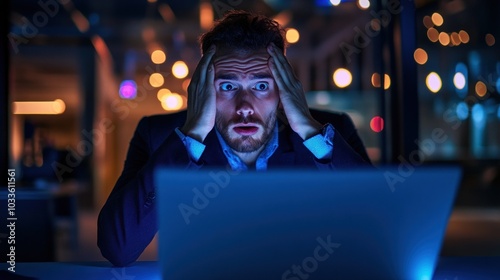 A stressed man in a suit reacts to a shocking computer screen late at night.