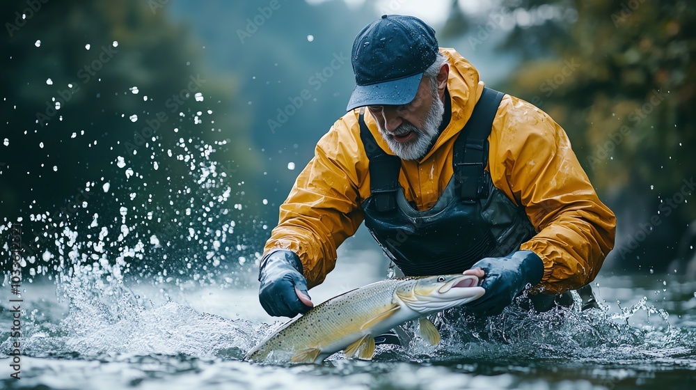 Obraz premium An older man in a yellow raincoat holds a large fish he has just caught.