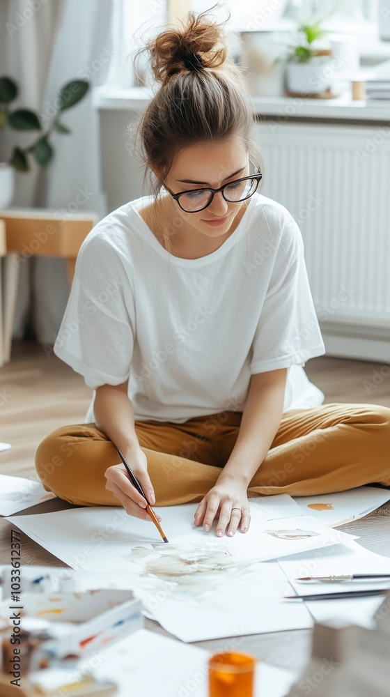 A creative woman practices painting on paper while sitting cross-legged in a bright room filled with art supplies A creative woman practices painting on paper while sitting cross-legged in a bright room filled with art supplies