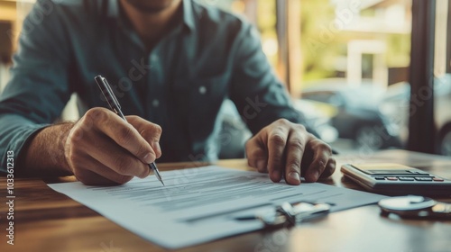 Man finalizing a lease agreement by signing the contract, with car keys, warranty forms, and a pen neatly placed on the table in a small dealership office.