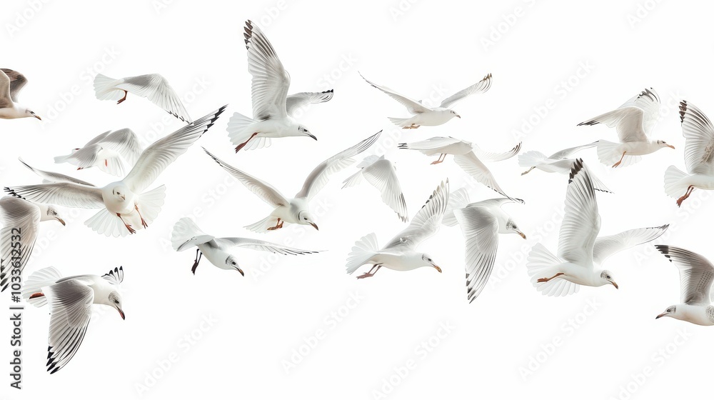Obraz premium A Flock of Seagulls Flying Beautifully in a Clear Blue Sky: Perfect for Nature and Travel Themes
