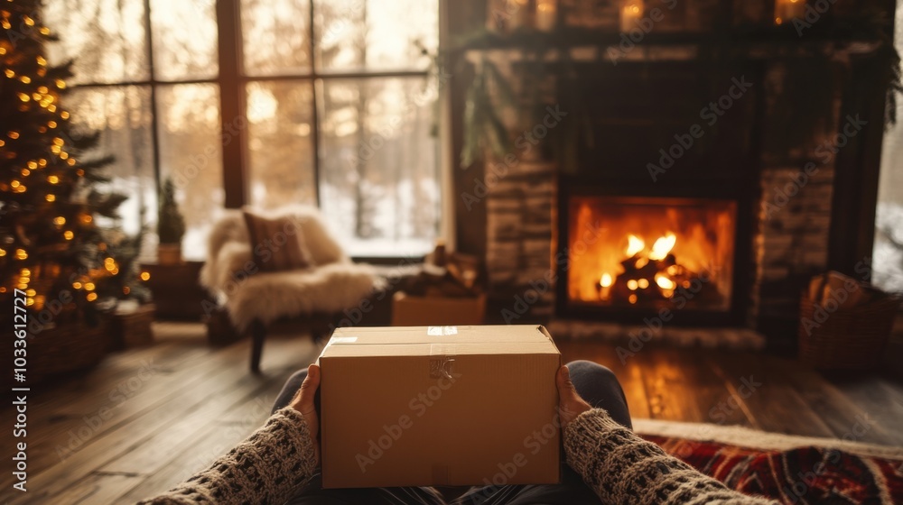 Man holding a cardboard box in front of a cozy living room with a fireplace and wooden floors, showcasing a warm, welcoming atmosphere in his new home. Man holding a cardboard box in front of a cozy living room with a fireplace and wooden floors, showcasing a warm, welcoming atmosphere in his new home.