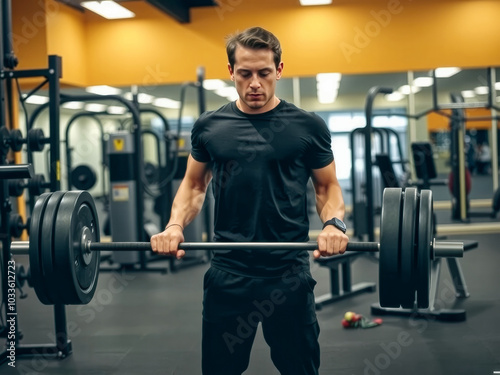 A man is lifting a barbell in a gym. He is wearing a black shirt and black pants