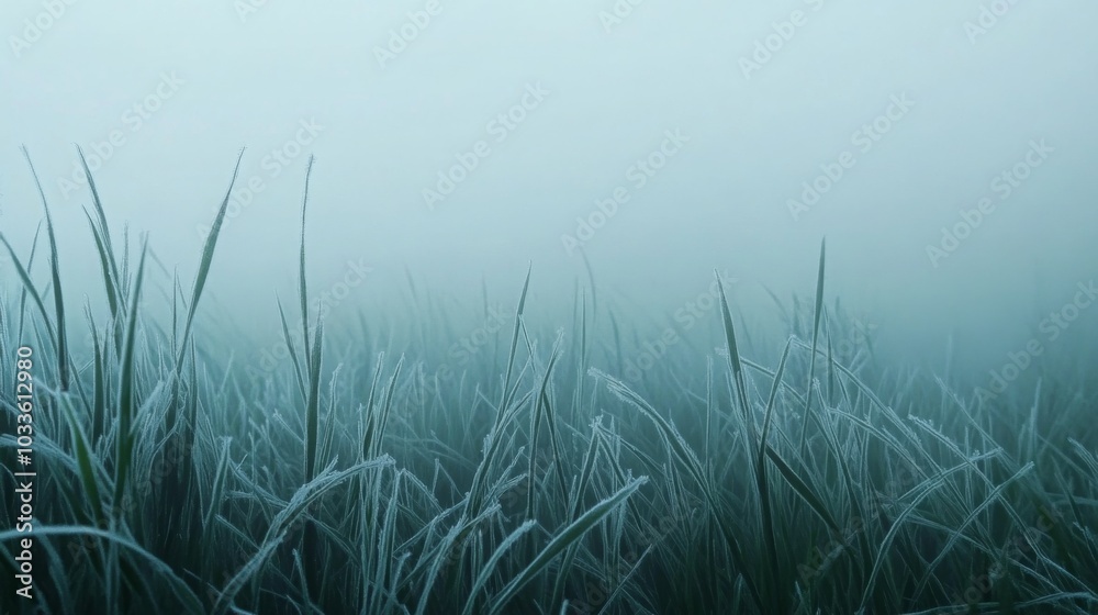 Obraz premium Delicate blades of grass glisten with frost as a thick mist envelops the landscape at dawn, creating a calm and ethereal winter atmosphere that captures the beauty of nature's quiet moments.