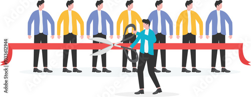 Lifting the crisis, businessman holding scissors cut off the cordon to isolate people

