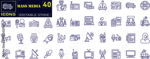 Set of Mass Media Journalism line icons set. 