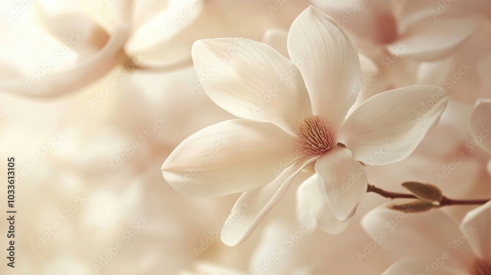 Macro shot of delicate white magnolia petals gently cascading onto a soft pastel cream background, evoking pure serenity.