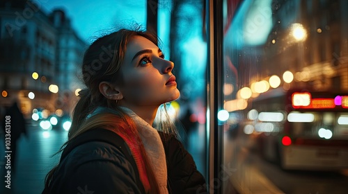 Beautiful girl waits at a bus station in a bustling metropolis.