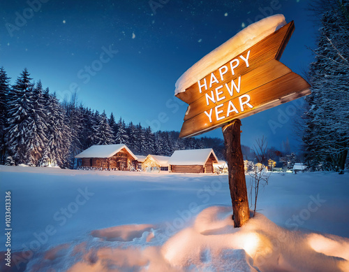 Happy New Year wooden sign at entrance of winter village with snow covered wooden houses at night. Christmas greeting card. photo