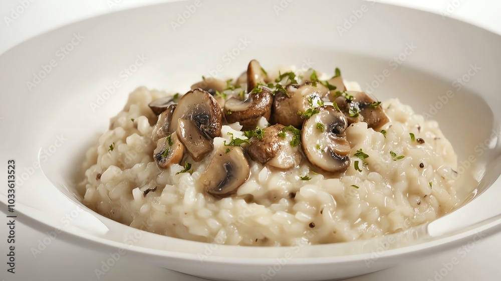 A white bowl filled with creamy risotto topped with sauteed mushrooms. A white bowl filled with creamy risotto topped with sauteed mushrooms.