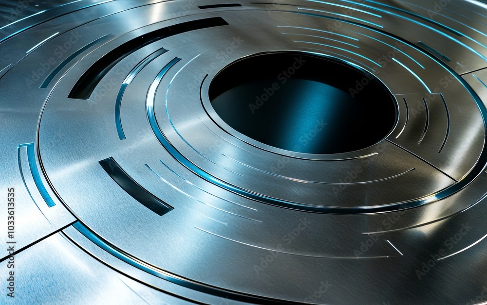 A close-up of a metallic circular design with grooves and a central hole, suggesting industrial aesthetics. A close-up of a metallic circular design with grooves and a central hole, suggesting industrial aesthetics.