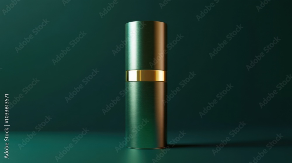 Men's perfume bottle with a metallic, cylindrical design standing on a plain, matte dark green background. A mockup for cutting-edge, bold fragrance branding.