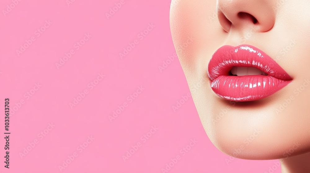 A young, pretty woman is smiling with plump, luscious lips against a vibrant color background, emphasizing a beauty theme. Generative AI