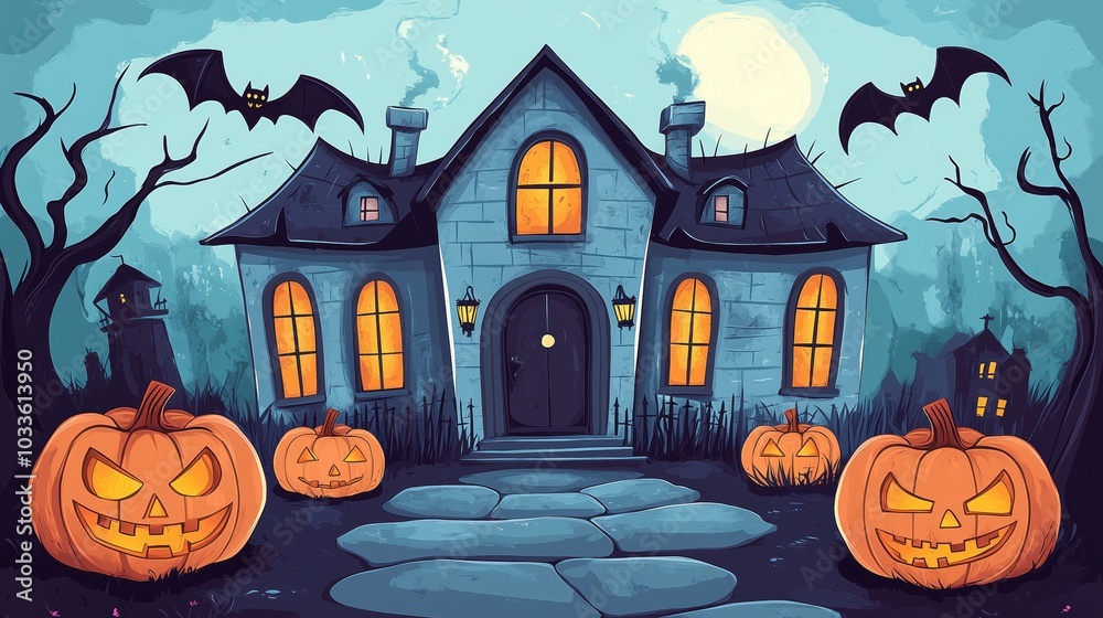 Fototapeta premium Haunted House on a Spooky Night: A cartoon-style haunted house stands bathed in moonlight, with pumpkins and bats adding to the spooky ambiance. Perfect for Halloween decorations, invitations.
