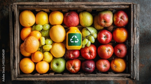 Compostable fruit packaging with rustic wooden box, eco-friendly label, vibrant fruits arranged neatly, green recycle logo, zero-waste aesthetic