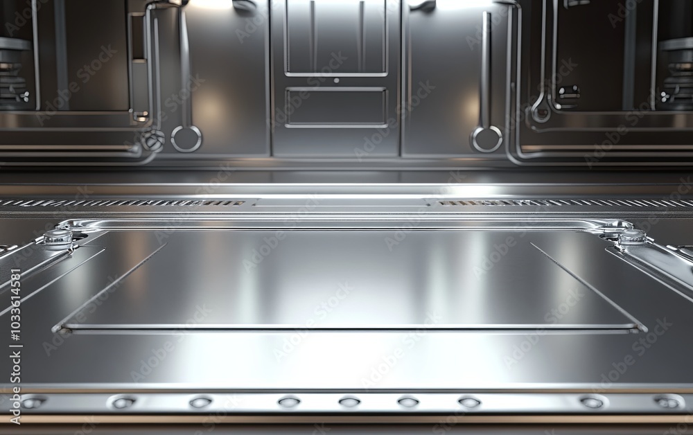 A sleek, metallic interior view, possibly of a futuristic machine or appliance. A sleek, metallic interior view, possibly of a futuristic machine or appliance.