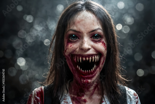 demonic fenale creature with pitch black eyes shows its sharp teeth, dark bokeh background