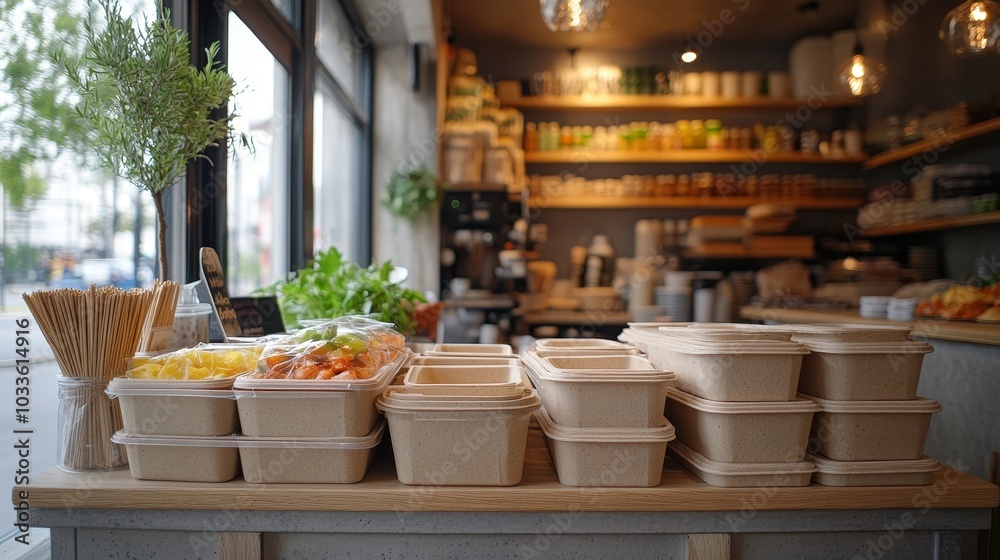 Fototapeta premium Compostable takeaway boxes stacked in an organic deli, zero-waste design, earthy color scheme, cozy lighting, sustainable branding focus, modern touch