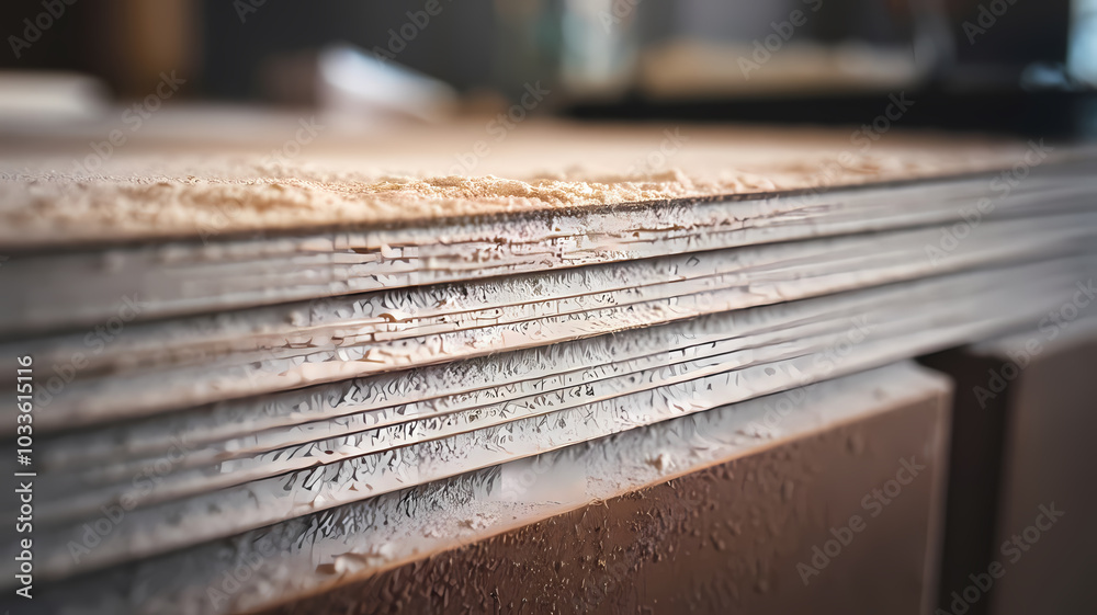 Close-up of layered wood surface with fine sawdust, showcasing craftsmanship and texture in woodworking projects. Close-up of layered wood surface with fine sawdust, showcasing craftsmanship and texture in woodworking projects.