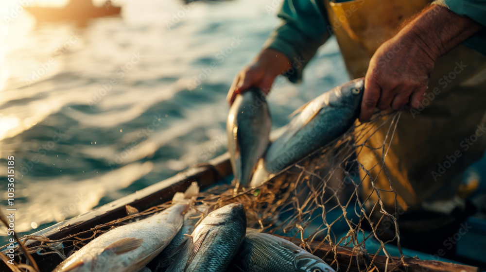 A blurred fisherman pulls fish out of his net while standing on a boat. Fishing on an old trawler in the ocean. Large fish in net. A blurred fisherman pulls fish out of his net while standing on a boat. Fishing on an old trawler in the ocean. Large fish in net.