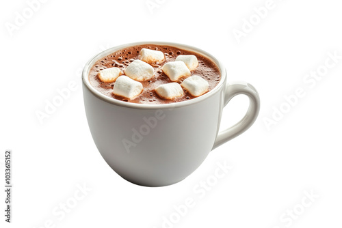 Cup of hot chocolate with marshmallows in white mug on a transparent background