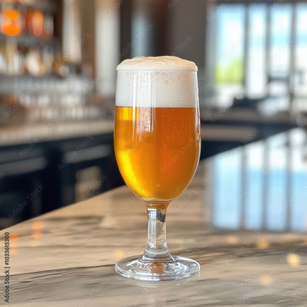 Close-up of a frothy, golden craft beer served in a glass on a stylish bar counter, capturing a refreshing and inviting ambiance. Close-up of a frothy, golden craft beer served in a glass on a stylish bar counter, capturing a refreshing and inviting ambiance.