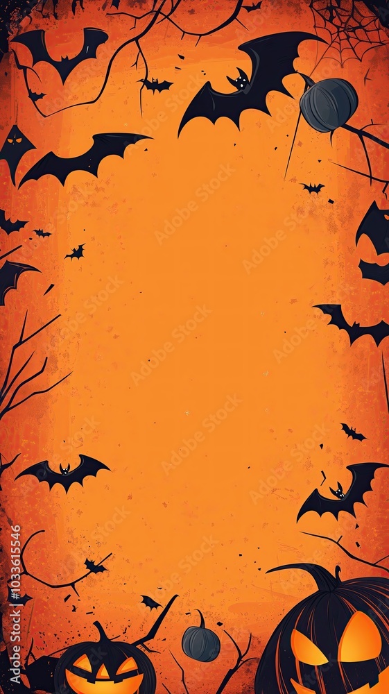 Halloween banner with bats, jack-o'-lanterns, and bare branches framing bright orange space