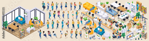 Isometric Kit for creating a student dormitory. Large Kit of furniture and Characters, Personage. Create your own unique design N2