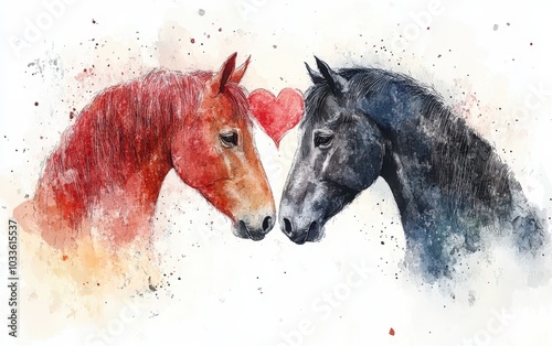 Watercolor Painting of Two Horses with Heart Symbol in a Splash Colorful Style photo