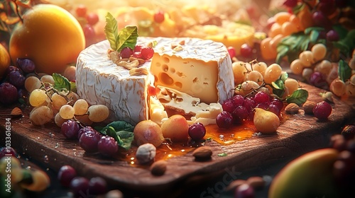 A beautifully arranged cheese platter featuring brie, assorted fruits, and nuts, illuminated by warm light, creating an inviting ambiance.