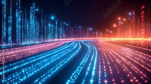 A vibrant scene featuring glowing lines and dots in blue and orange hues, creating an abstract representation of digital movement and energy.